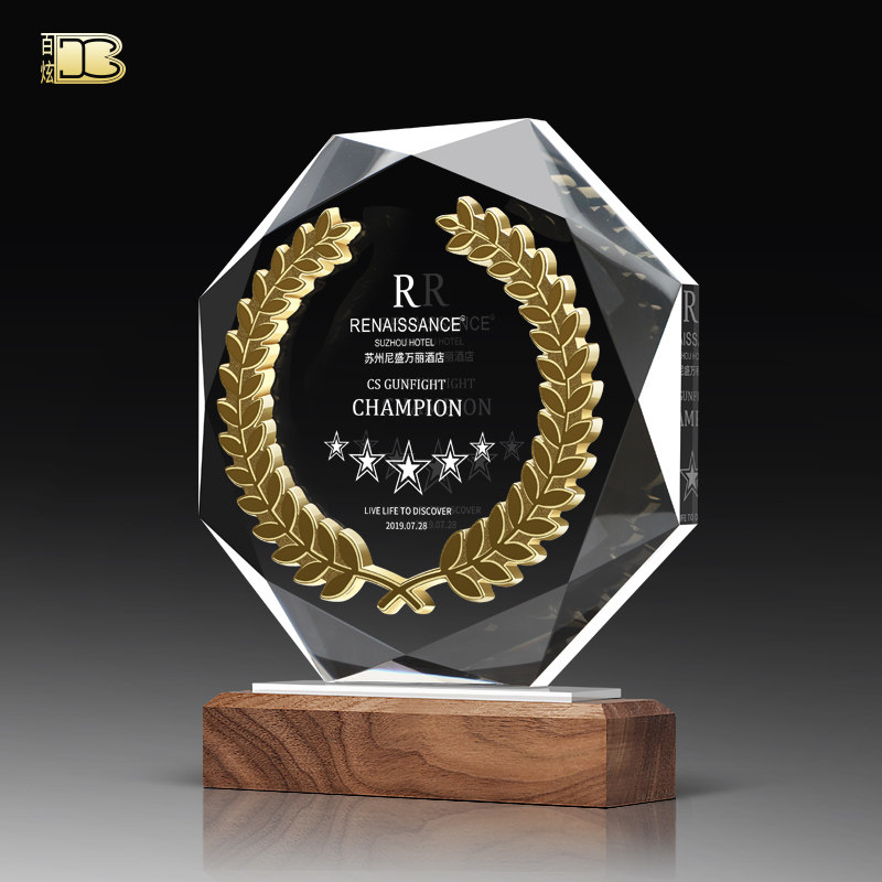 Octagonal K9 crystal trophy custom creative metal wheat ear medal custom authorization card thank you card honorary souvenir