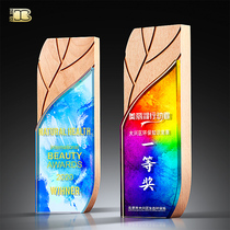 Creative leaves solid wood trophy custom crystal color printing medal custom color medal lettering excellent staff Trophy