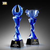High-end blue crystal trophy custom glass medals custom creative twisted column trophy annual meeting outstanding staff awards