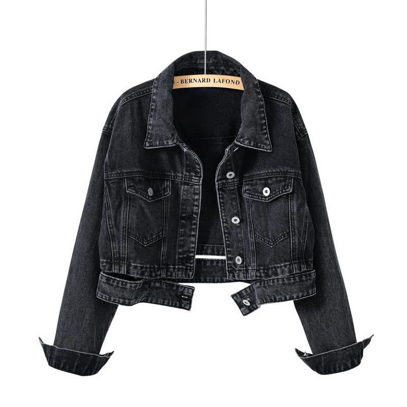 Trendy Hong Kong Style Street Denim Jacket Women's Spring & Fall New Retro Black High Waist Chic Denim Short Jacket Top