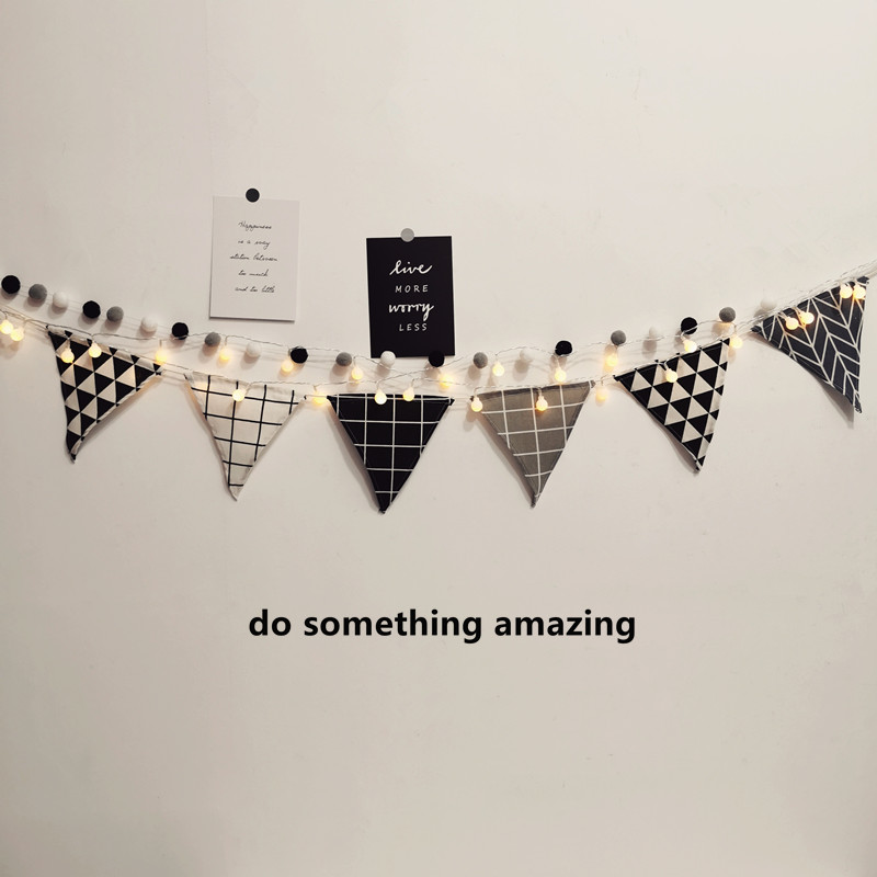 Nordic style triangle hanging flag room dormitory wall small round light string decoration wall decoration ins black and white cotton bunting