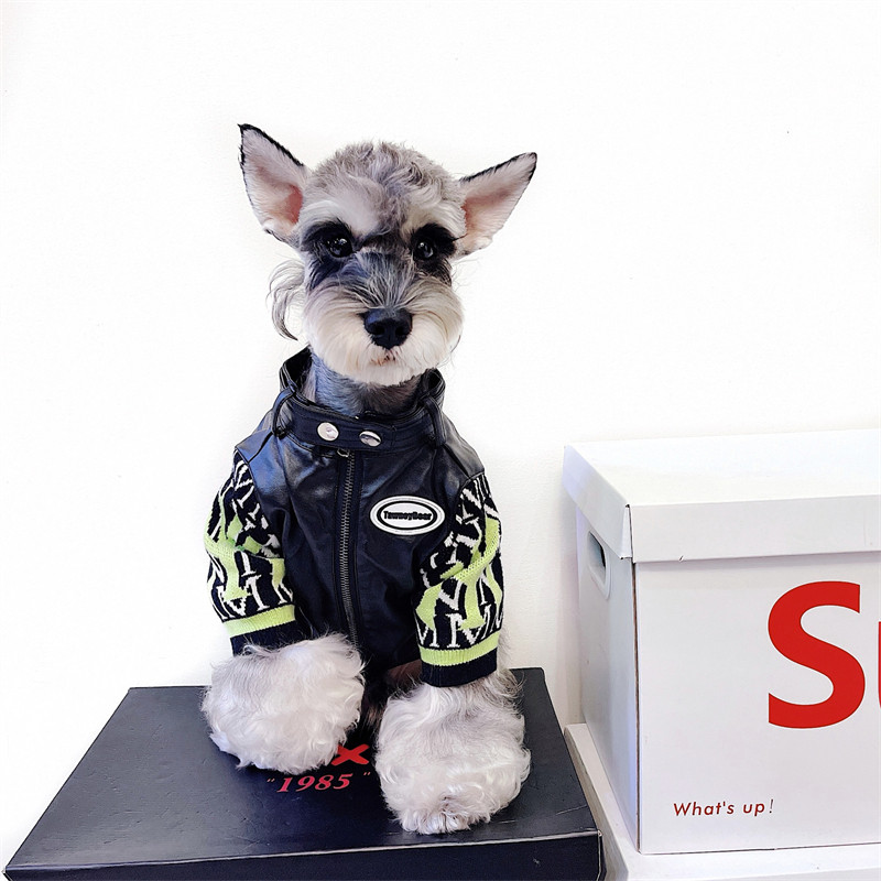 Tide brand dog clothes Schnauzer Teddy French Dou Bago winter style plus velvet motorcycle phoenix leather jacket stitching sweater coat - Taobao