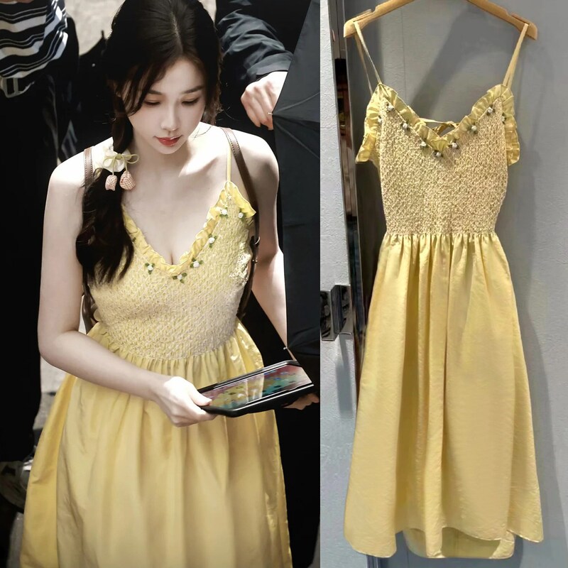 Double-Strap Yellow Dress Similar to Jiang Muyu and Shu Xin's Style, Women's 2025 Summer New Backless Vacation A-Line Dress