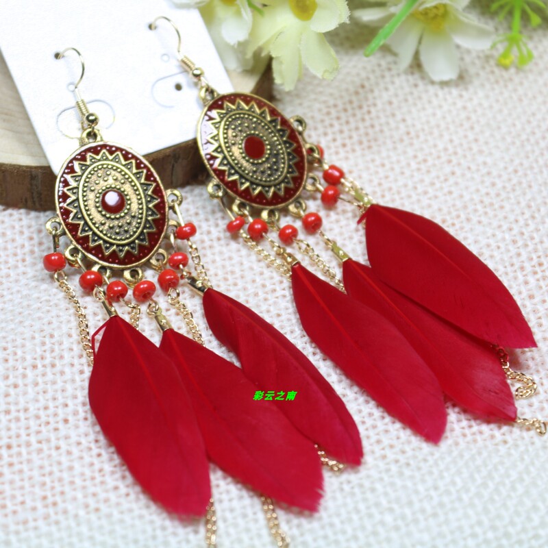 Yunnan Lijiang Ethnic Style Feather Earrings Long Bohemian Seaside Vacation Super Fairy Earrings Peacock Feathers