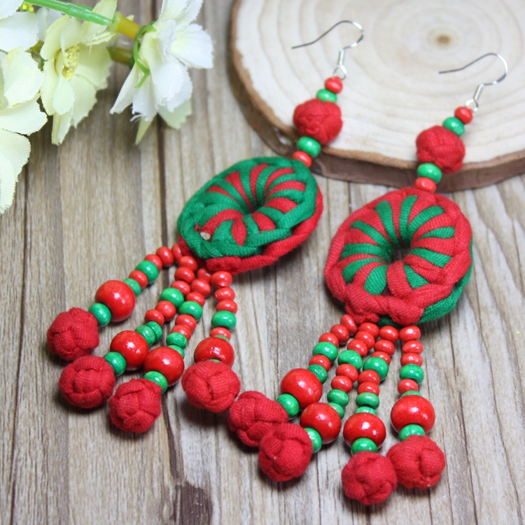 Yunnan Ethnic Wind Ornament Female Embroidery Exaggerated long version Flow Su earrings Bride Dance Ear Clip