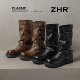 Zhr Thick-Soled Knight Boots for Women 2025 New Autumn and Winter Retro Pleated Belt Buckle Mid-Calf Boots Western Cowboy Long Boots