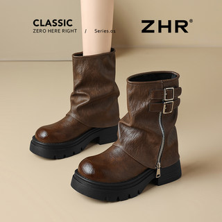 Zhr Brown Short Boots for Women 2025 New Autumn Thick-Soled Melard Western Boots Stacked Boots Trouser Boots Martin Boots