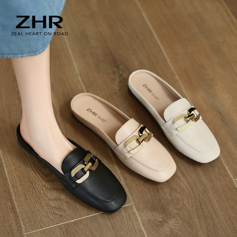 女性用ハーフスリッパ 2025 新作 夏 アウトドア フレンチイブニングスタイル 本革ミュール ワンステップ フラットボトム クローズドトゥサンダル