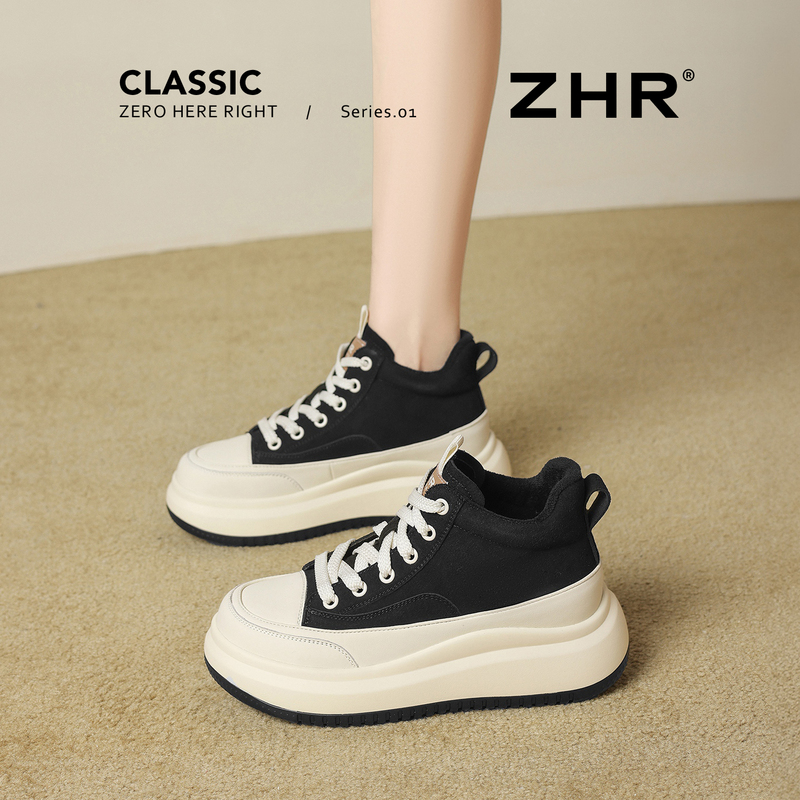 Zhr Black Thick-Soled High-Top Shoes for Women 2026 New Winter Fleece-Lined Warm Casual Sports Shoes Sneakers Short Boots