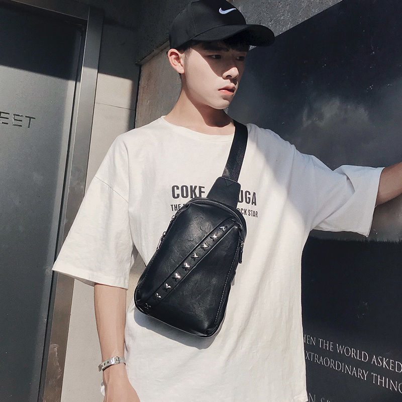New Genuine Leather Fashion Street Small Chest Bag Youth Bull Leather Single Shoulder Bag Rivets Chest Bag Personality male and female Little Shoulder Bag