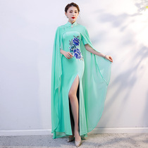 New Body Etiquette Instructors Qipao Performance Walk Show China Wind Lake Blue Color Stage Elegant Beatle Dress