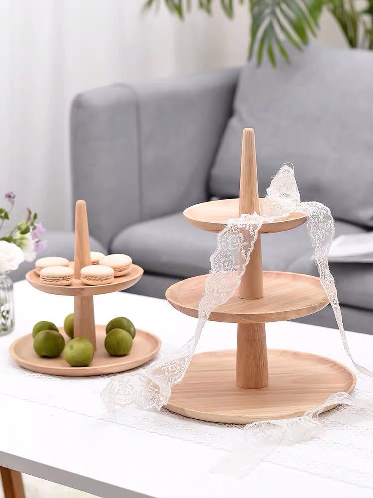 Acacia wood three-layer dessert shelf fruit plate dried fruit cake multi-layer dessert table cake plate life wooden tray