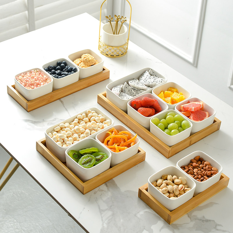 Japanese-style ceramic bamboo and wood compartment dried fruit plate snack storage box fruit plate separate plate snack plate wooden tray