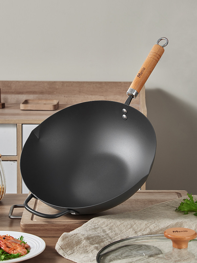 British Mingjue Non-Stick Wok, Traditional Iron Wok for Cooking, Suitable for Home Use with Induction Cooker and Gas Stove, No Coating
