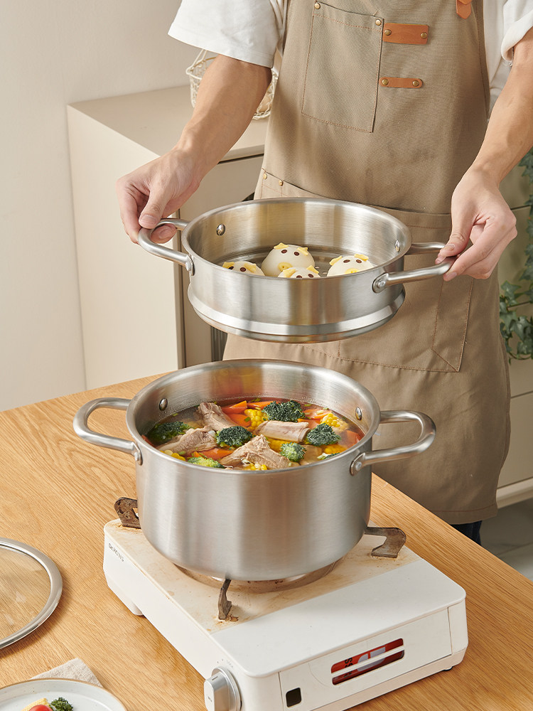 British Mingjue Non-Coated Stainless Steel Soup Pot for Home Use, Thickened Steaming Milk Pot, Steam Pot, Compatible with Induction Cookers