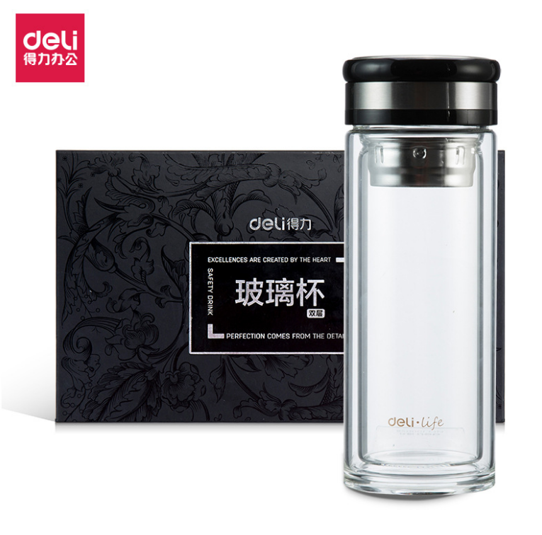 Screen printing logo Deli 8988 8989 double-layer insulated cup with tea partition men's business office portable 320ml