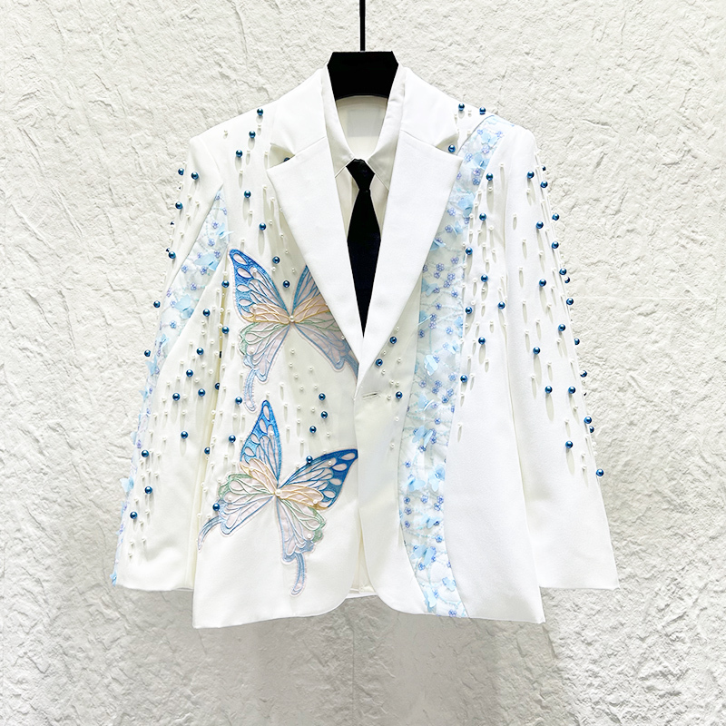 Heavy-Duty Limited Edition Butterfly Beaded Blazer for Men, White, High-End, Light Luxury, Fashionable Performance Suit