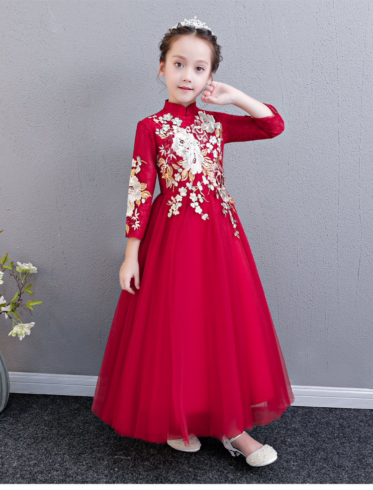 Cô gái đám cưới lông đỏ trẻ em chủ nhà buổi tối công chúa váy catwalk hoa cô gái piano trang phục mùa đông trang phục dự tiệc cho bé