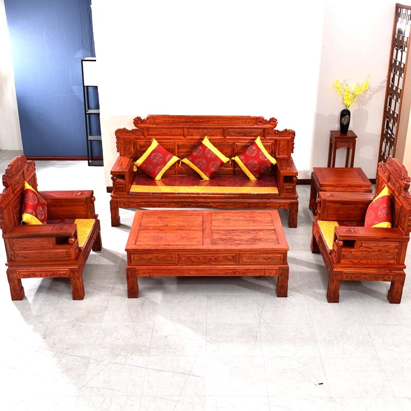 Old elm, Ming and Qing duplicate classical red yellow pear solid wood Chinese wealth rolling elephant head palace landscape sofa