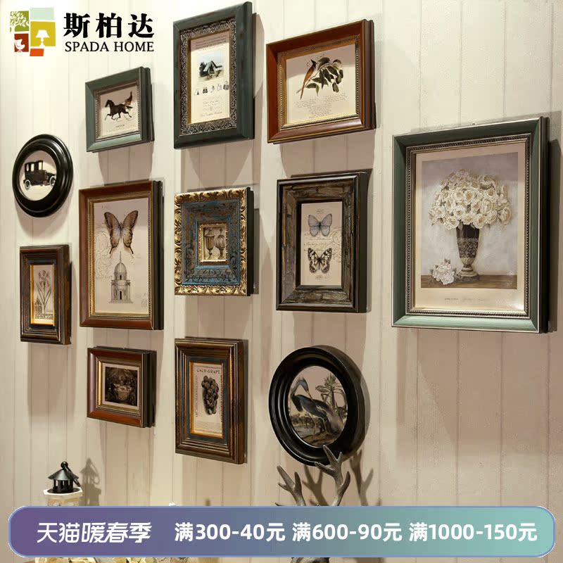 American photo wall photo frame wall light luxury living room wall decoration vintage solid wood European style photo frame hanging wall combination creativity