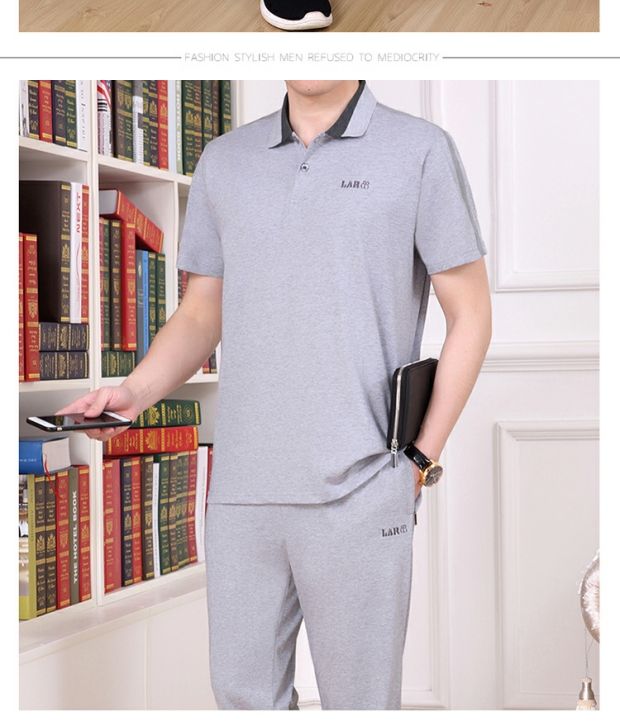 Yu Zhaolin Bộ đồ thể thao trung niên và ngắn tay phù hợp với áo sơ mi nam mùa hè áo thun quần cotton hai dây phù hợp với bố - Thể thao sau quần áo thể thao lining