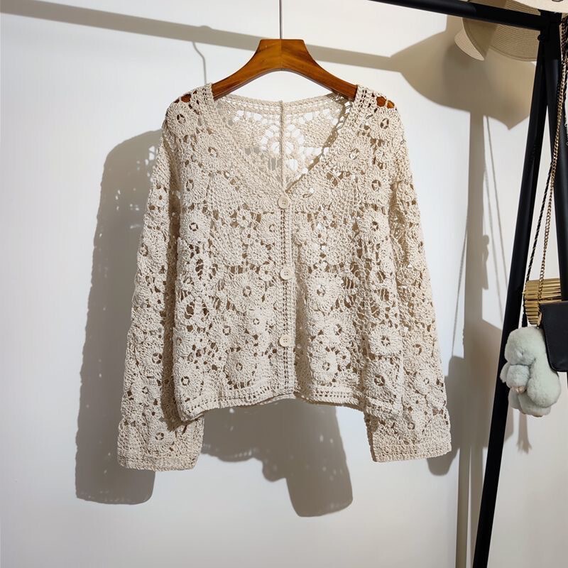 Summer Long-Sleeved Hollow-Out Knit Cardigan for Women, New Crochet Short Chic Top, Air-Conditioning Cover-Up, Sun Protection Clothing Summer Long-Sleeved Hollow-Out Knit Cardigan for Women, New Crochet Short Chic Top, Air-Conditioning Cover-Up, Sun Protection Clothing