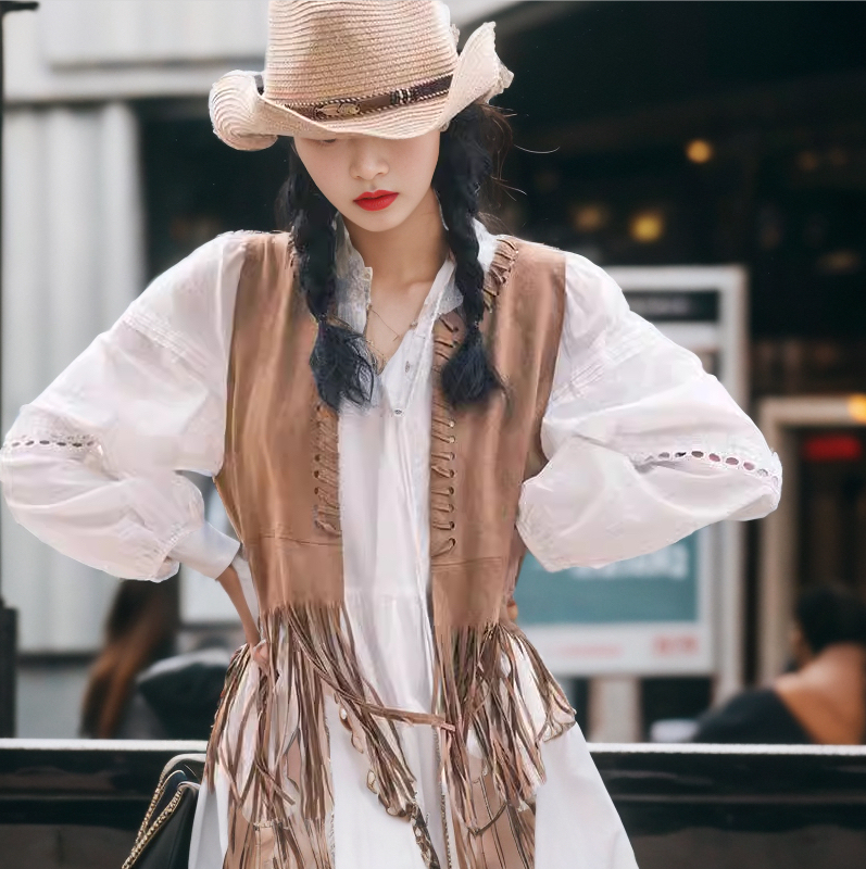 2025 Summer Bohemian Style Suede Western Cowboy Vest for Women with Tassels Cardigan Jacket Bohemian Outerwear