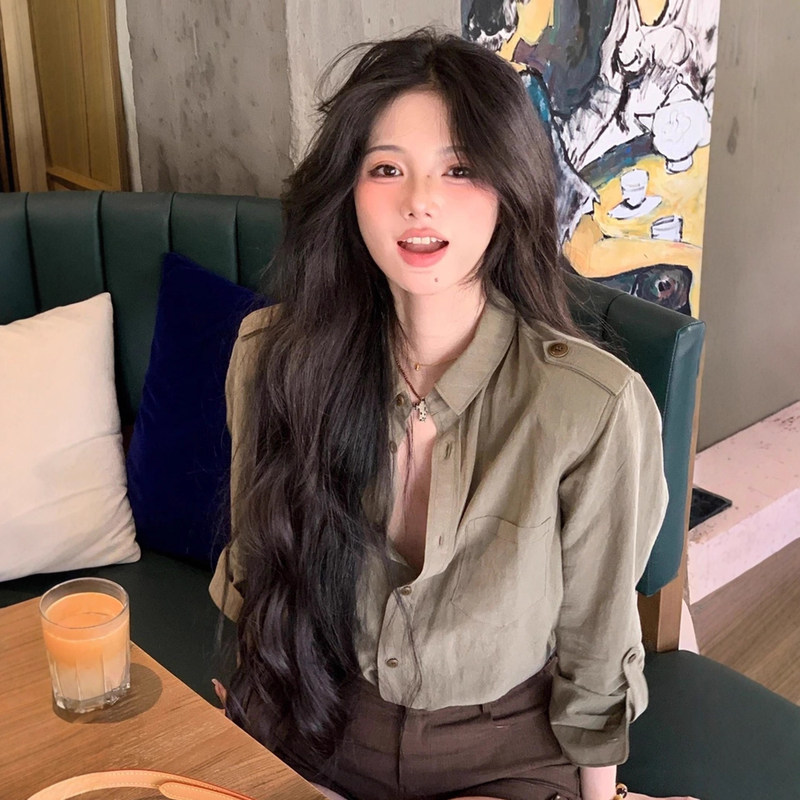 Korean-Style Retro Single-Breasted Design Long-Sleeve Work Shirt for Women, Autumn Old Money Relaxed Style Turn-Down Collar Shirt Top Korean-Style Retro Single-Breasted Design Long-Sleeve Work Shirt for Women, Autumn Old Money Relaxed Style Turn-Down Collar Shirt Top