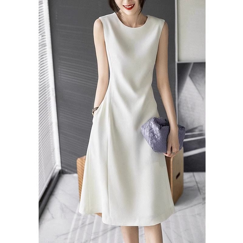 2026 New High-End Acetate Sleeveless Dress for Women, Spring Simple and Elegant Waist-Cinching Slimming Mid-Length Tank Dress