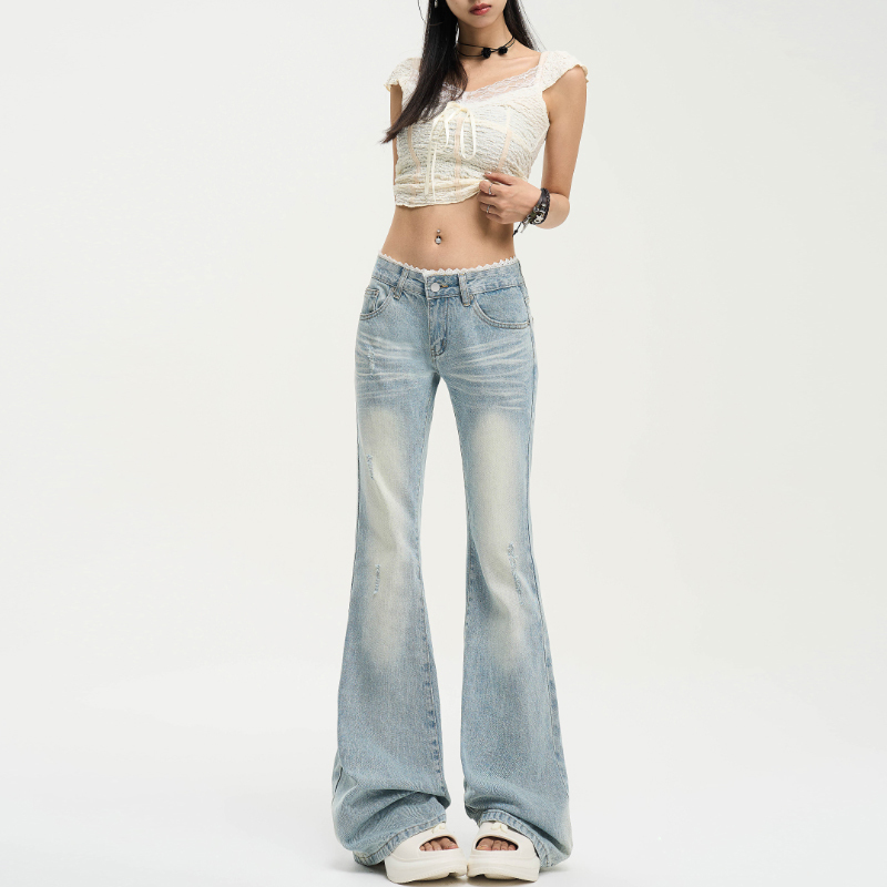 Listen to Lan Talk about the Washed Blue Flared Pants for Women, 2026 Summer New Style, Lace Splicing, Slimming, Low-Waisted, Vintage Jeans Listen to Lan Talk about the Washed Blue Flared Pants for Women, 2026 Summer New Style, Lace Splicing, Slimming, Low-Waisted, Vintage Jeans