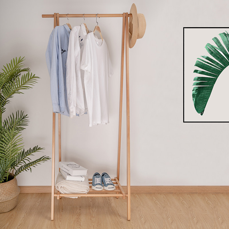 Nordic solid wood hanging clothes hanger Civil accommodation Easy single lever upright clothes hat rack indoor wood frame floor home clothes hanger
