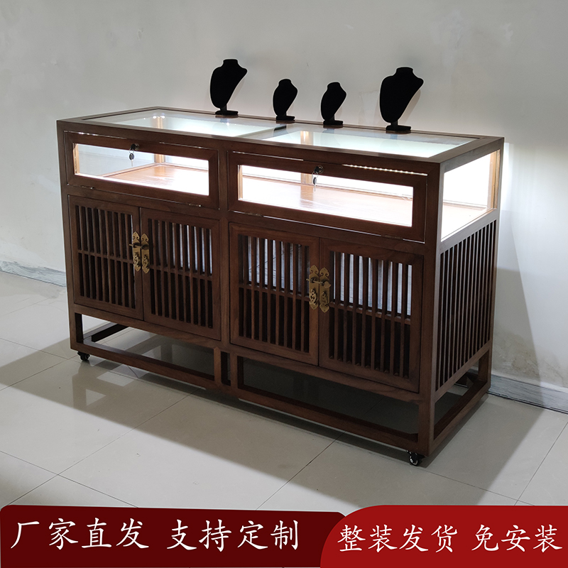 Solid wood jewelry glass counter jewelry lighting cabinet tea container play display cabinet pulley movable display cabinet