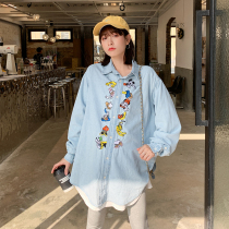 Korean Version Embroidered Cartoon Pregnant Woman Shirt Fall Denim Shirt Long Sleeve Gestational Woman Dress Suit Autumn Dress with a long section