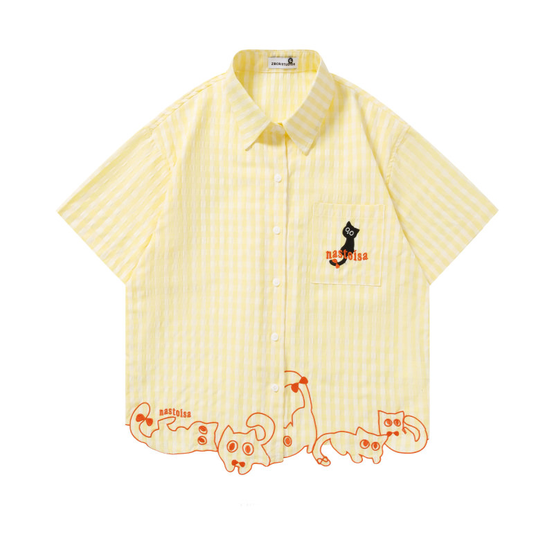 Cute Japanese-Style Cat Embroidered Plaid Striped Short-Sleeve Shirt for Women, 2026 Summer Loose and Lazy College Style Shirt