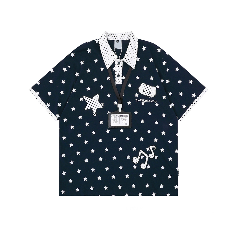 Polo Collar Polka Dot All-Over Star Print Short-Sleeve T-Shirt for Women 2026 Summer Loose College Style Fake Two-Piece Couple Top