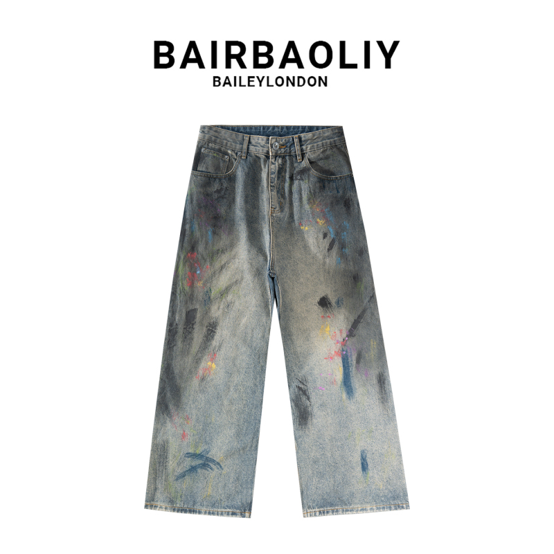 Bairbaoliy Trendy Brand Splatter Graffiti Dirty Loose Wide-Leg Jeans Men's Vintage Cool Casual Long Pants Bairbaoliy Trendy Brand Splatter Graffiti Dirty Loose Wide-Leg Jeans Men's Vintage Cool Casual Long Pants