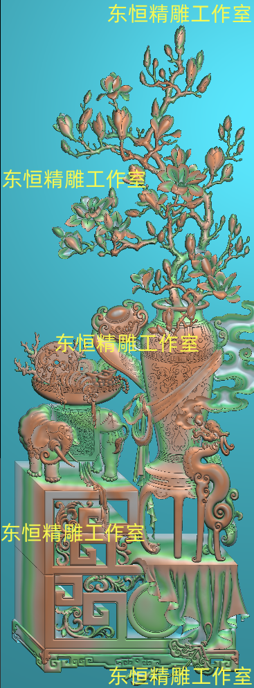 Finely Carved Plot Relief Map Top Box Cabinet Rich and auspicious Flowers Jade Lan Elephant Bogu Vase 2DWQS-Taobao