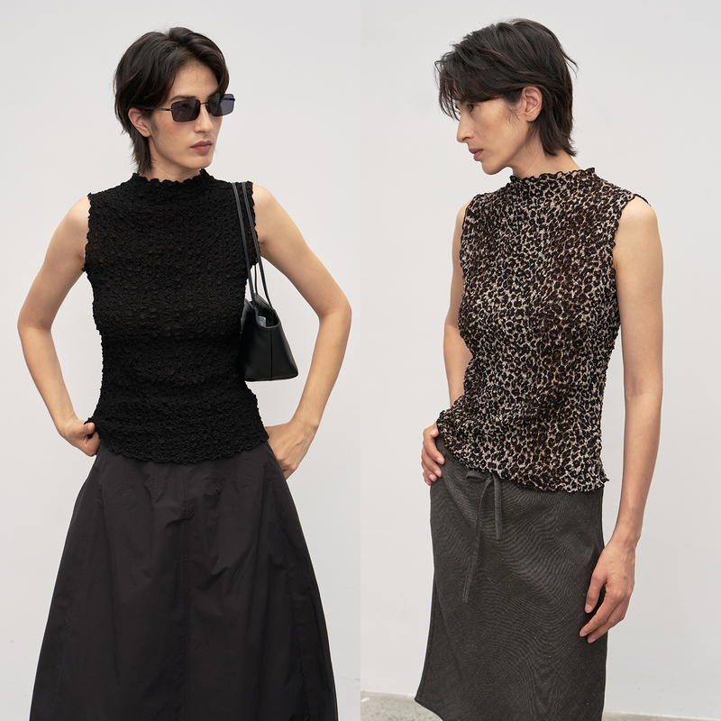 Urelax Silk 23mm High-Elastic Bubble Crepe Black/Leopard Print Small Lace Half-High Collar Sleeveless Vest T-Shirt Urelax Silk 23mm High-Elastic Bubble Crepe Black/Leopard Print Small Lace Half-High Collar Sleeveless Vest T-Shirt