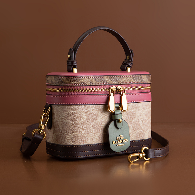 Hong Kong High-End Genuine Leather Bucket Bag 2026 New Fashion Women's Bag Lunchbox Bag Color-Blocking Single Shoulder Crossbody Handbag
