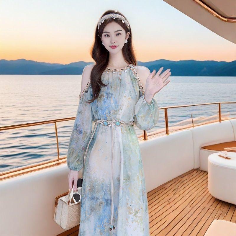 Summer New Style French Sweet and Gentle Style Fashionable Slim Round Neck Off-Shoulder Mid-Length Dress for Women