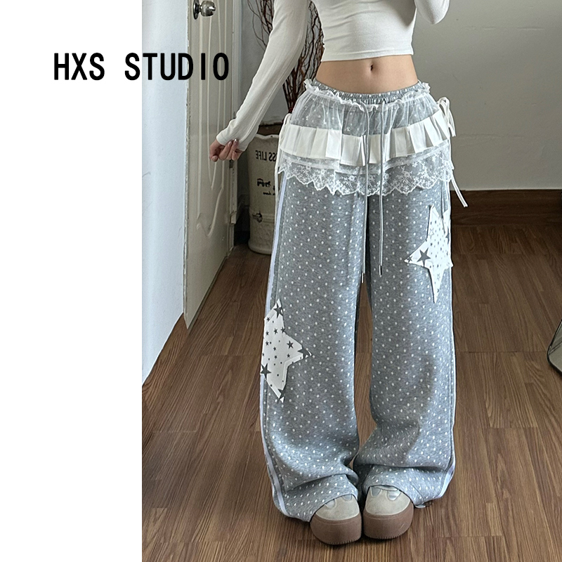 All-Over Polka Dot and Star Patchwork Sweatpants for Women, 2026 Spring New Lace Trim Straight-Leg Pants