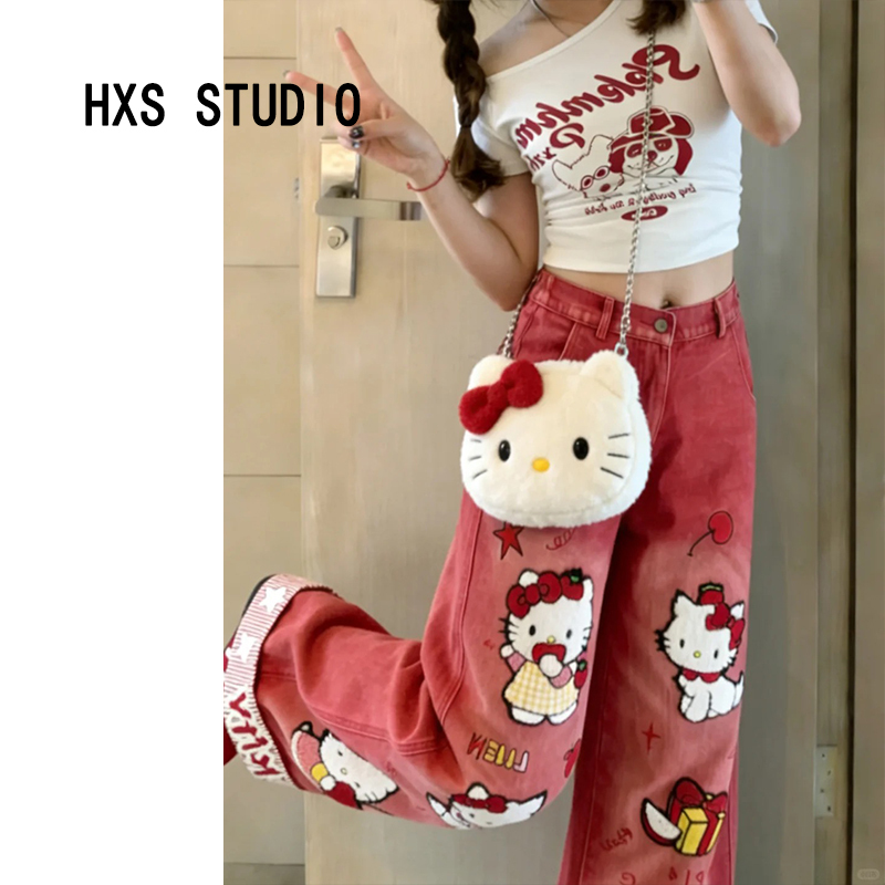 Kitty Cat Embroidered Patch Pink Wide-Leg Jeans Women's 2026 Summer New Loose Floor-Length Pants