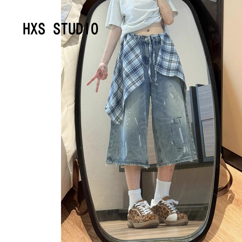 Retro Splash-Ink Butt Curtain Spliced Denim Shorts for Women 2025 Summer New Loose Slimming Look Straight Wide-Leg Cropped Pants