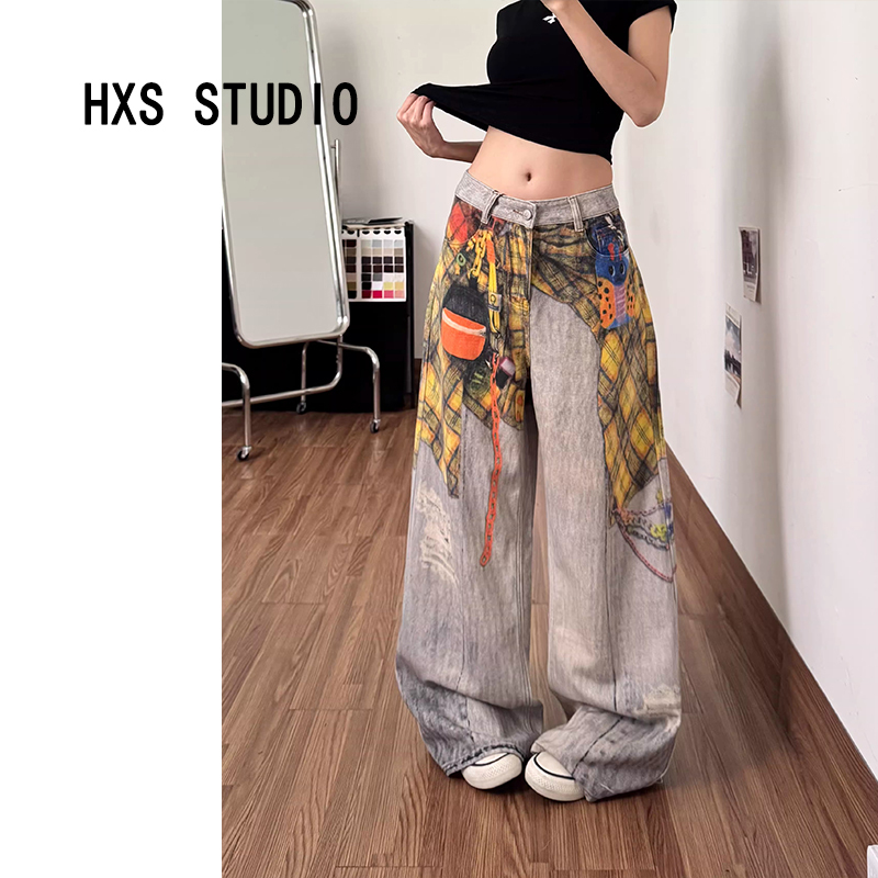 Vintage-Inspired Design Shirt with Print, Women's Jeans, 2026 Summer New High-Waisted Straight-Leg Pants