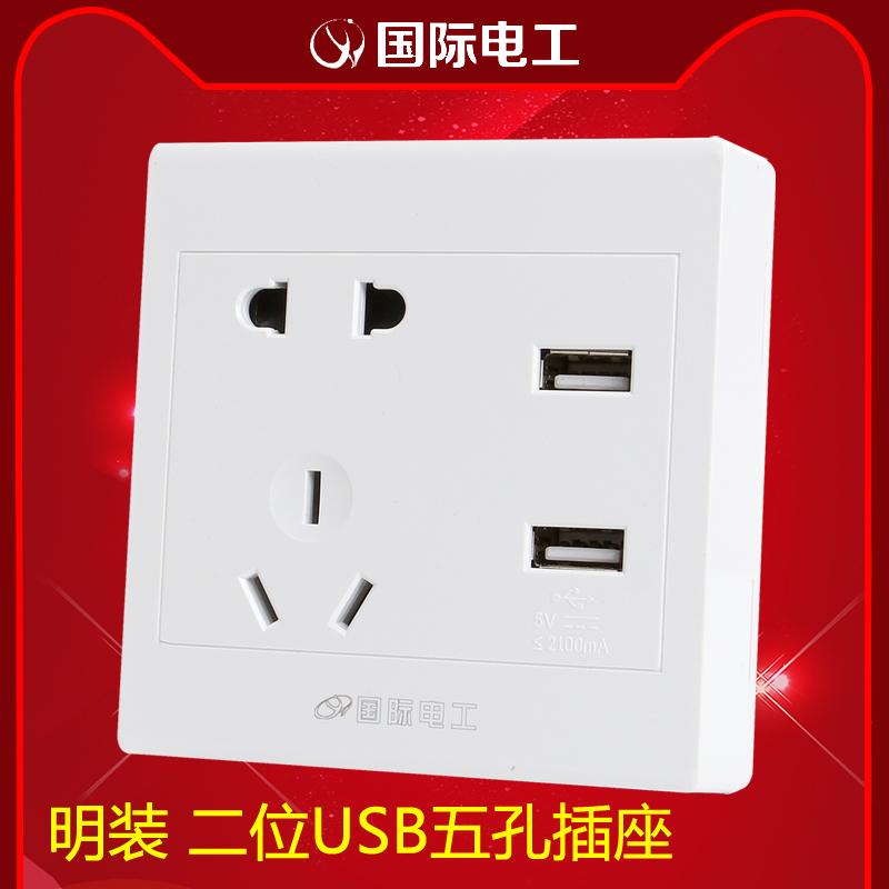 International Electrical Ming Line Two-position USB five-hole socket power panel Ming-mounted ultra-thin mobile phone charging double usb plug