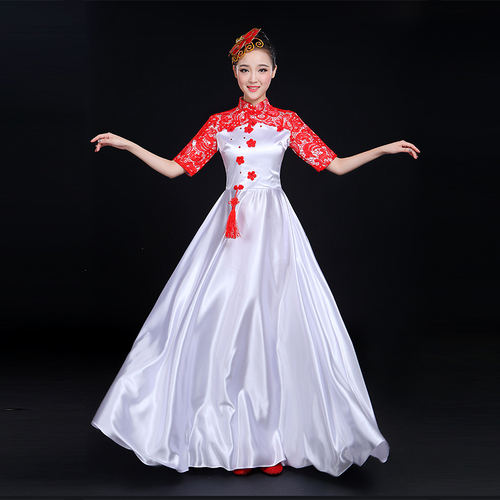 Chinese folk dance dress for women Red song chorus performance dress female long dress adult student Chinese style chorus performance Costume