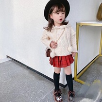 MKIDS Autumn-style childrens clothing Girls retro Lianhood hooded sweater female baby pin textured blouse pleated dress suit
