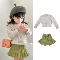 Autumn-style girl knit cardiovert cotton soft children hollowed-out blouse foreign air baby sweater and princess coat thin