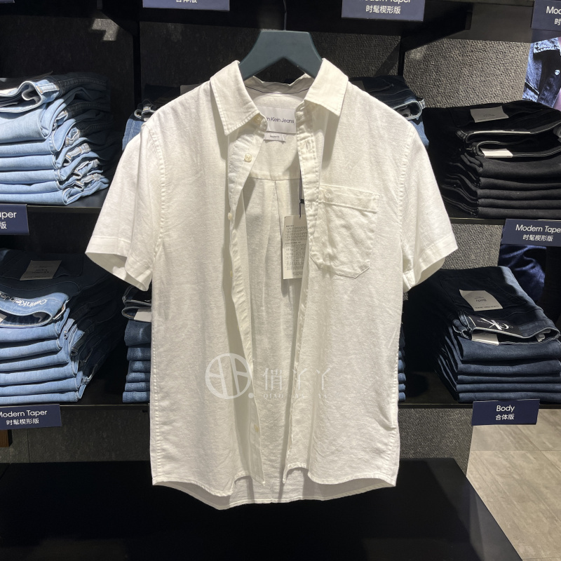 Ck Jeans Summer Men's Casual Cotton and Linen Simple Embroidered Letter Patch Pocket Short-Sleeved Shirt J320784 Ck Jeans Summer Men's Casual Cotton and Linen Simple Embroidered Letter Patch Pocket Short-Sleeved Shirt J320784
