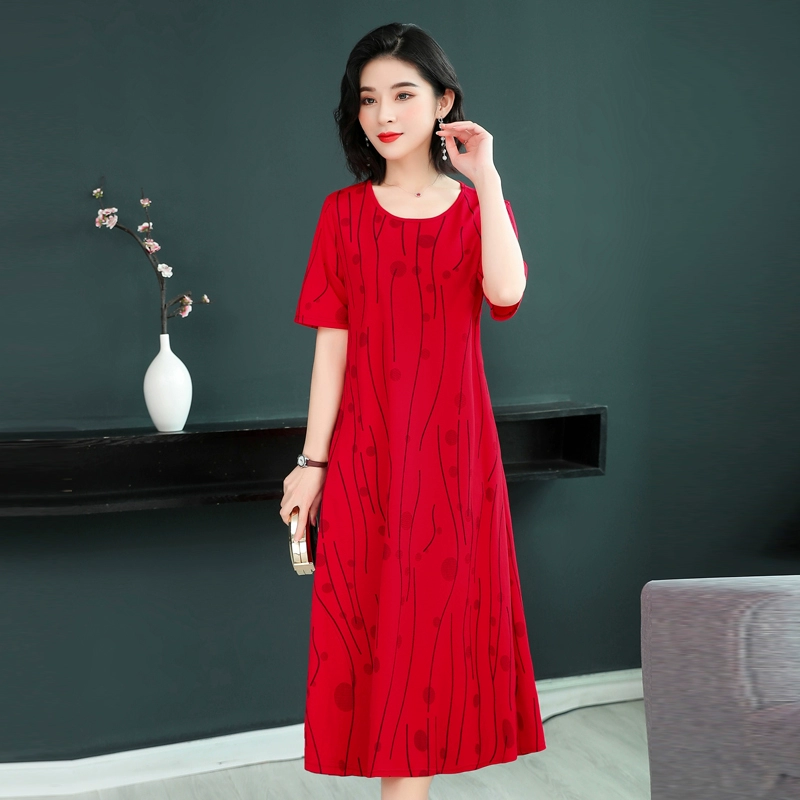 Váy dài tay ngắn tay in hình cho phụ nữ trung niên plus size mùa hè, váy mỏng cho phụ nữ trung niên và cao tuổi, váy mẹ, váy suông - váy đầm